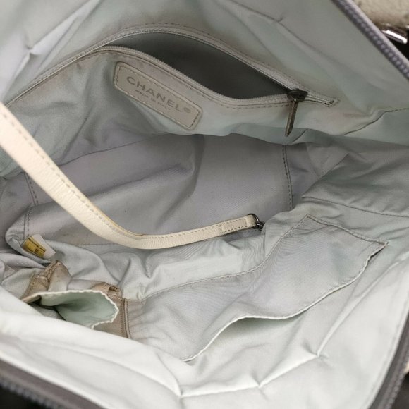 CHANEL Biarritz Paris Metallic Quilted Coated C Gray Beige Leather Canvas Tote - Picture 11 of 13